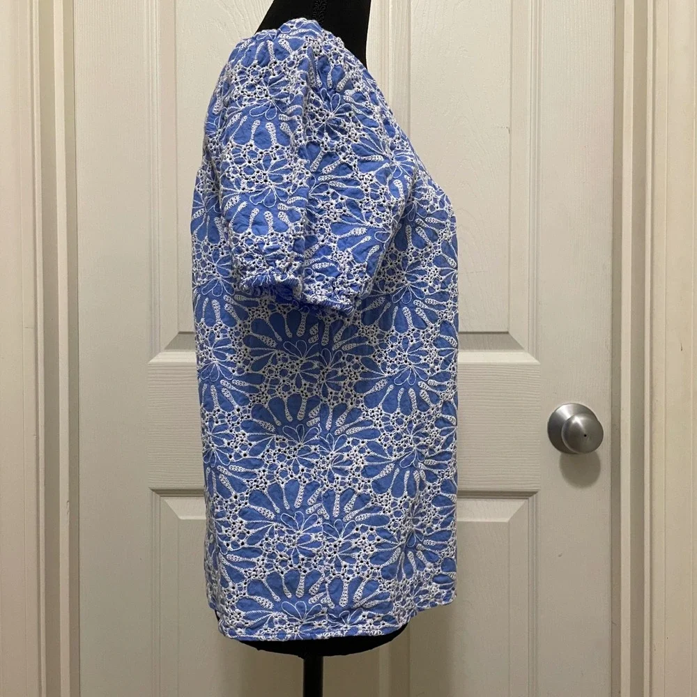 LOFT  Eyelet Puff Sleeve Top Blue White Square Neck Shirt Cottage Coquette Small